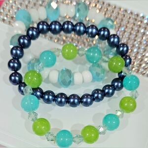 Nordstrom Beaded Stretch Bracelet Set Blue,Green &‎ White Stackable Jewelry NWOT
